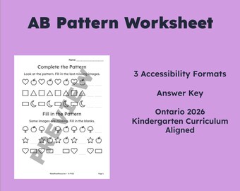 AB Pattern Worksheet | Kindergarten | Ontario Curriculum | High‑Contrast & Dyslexia‑Friendly (PDF)(K-P-001)