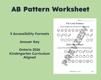 AB Pattern Worksheet | Kindergarten | Ontario Curriculum | High‑Contrast & Dyslexia‑Friendly (PDF)(K-P-008)
