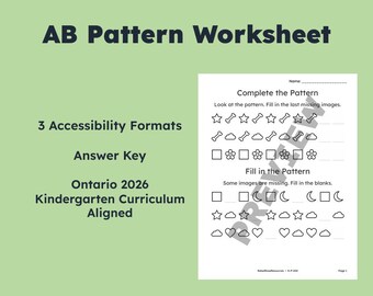 AB Pattern Worksheet | Kindergarten | Ontario Curriculum | High‑Contrast & Dyslexia‑Friendly (PDF)(K-P-002)