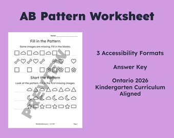 AB Pattern Worksheet | Kindergarten | Ontario Curriculum | High‑Contrast & Dyslexia‑Friendly (PDF)(K-P-007)