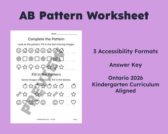 AB Pattern Worksheet | Kindergarten | Ontario Curriculum | High‑Contrast & Dyslexia‑Friendly (PDF)(K-P-005)