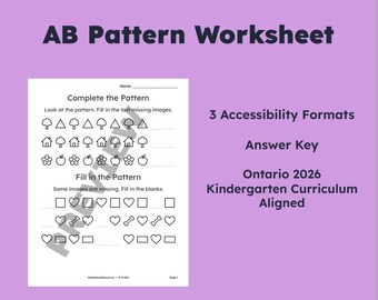 AB Pattern Worksheet | Kindergarten | Ontario Curriculum | High‑Contrast & Dyslexia‑Friendly (PDF)(K-P-003)