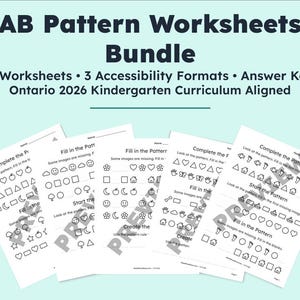 Peut inclure: Un ensemble de fiches d'exercices sur les motifs AB comprenant 20 pages, 3 formats d'accessibilité et des corrigés alignés sur le programme de maternelle de l'Ontario 2026. Les pages présentent des icônes en noir et blanc.