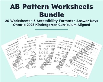 AB Pattern Worksheets Bundle | Kindergarten | Ontario Curriculum | 20 Worksheets + Answer Keys | High‑Contrast & Dyslexia‑Friendly (PDF)