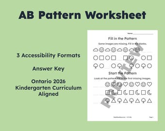 AB Pattern Worksheet | Kindergarten | Ontario Curriculum | High‑Contrast & Dyslexia‑Friendly (PDF)(K-P-006)