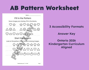 AB Pattern Worksheet | Kindergarten | Ontario Curriculum | High‑Contrast & Dyslexia‑Friendly (PDF)(K-P-009)