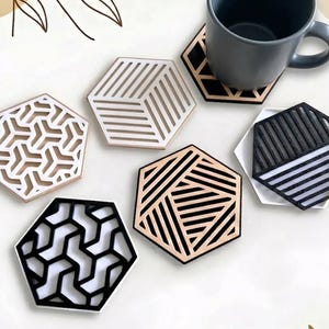 Modernt geometriskt underläggsset med hållare | Stapelbara drinkunderlägg | 3D-utskriven heminredning