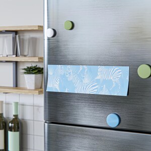 Puede incluir: Un imán rectangular de color azul claro con un patrón de cebra blanco adherido a la puerta de un refrigerador de acero inoxidable cepillado. El refrigerador está decorado con cuatro imanes circulares en blanco, verde oliva, verde claro y azul.