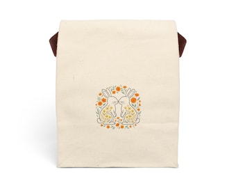 ウサギ柄キャンバス製ランチバッグ（ストラップ付き）