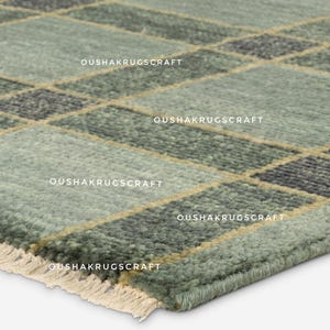 Green Checkered Oushak Rug 8x10/9x12 Hand knotted Wool Rug Handmade Wool Vintage Turkish Rug Plaid Grid Pattern Scandinavian Modern Area Rug