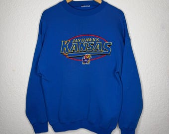 Vintage Kansas Jayhawks sweatshirt met ronde hals koningsblauw geborduurd