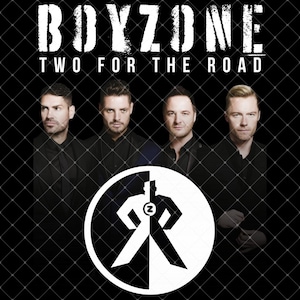 Könnte beinhalten: Albumcover für Boyzone's "Two for the Road". Das Bild zeigt vier Männer in dunkler Kleidung vor einem schwarzen Hintergrund. Der Bandname und der Albumtitel sind in weißer, fetter Schrift. Unten befindet sich eine schwarz-weiße Grafik.