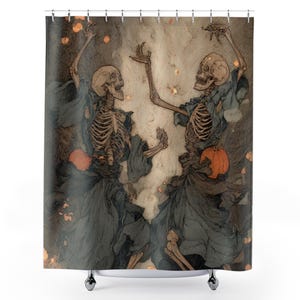May include: Shower curtain with a vintage illustration of two skeletons dancing. The skeletons wear flowing dark blue robes and have orange pumpkins at their waists. The background is a muted, textured blend of grey and beige with scattered orange accents.