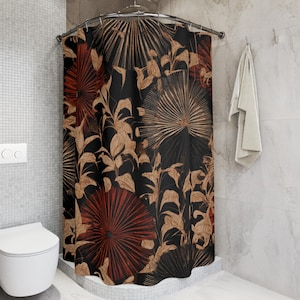 Japanese Style Shower Curtain, Red and Cream Leaf Bath Decor, Circular Radial Pattern Bathroom Art, Modernist Nature Home Update Gift