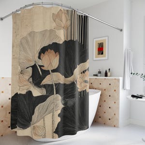 Japanese Lotus Shower Curtain, Black and Cream Floral Bath Decor, Oriental Lily Pad Pattern Bathroom Art, Modernist Zen Home Update Gift