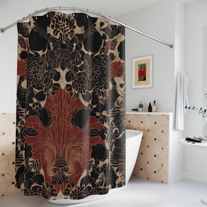 Symmetrisk abstrakt duschdraperi, röd och svart blommig badrumsdekor, Rorschach-stil mönster badrumskonst, modernistisk hemuppdateringsgåva