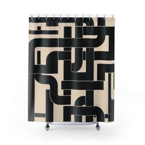 Industrieel geometrisch douchegordijn, zwart en crème in elkaar grijpende paden kunst, architectonisch badkamerdecor, stedelijke minimalistische baddecoratie