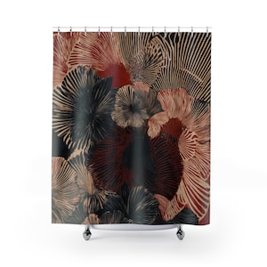 Cortina de chuveiro floral abstrata, decoração de banheiro com flores vermelhas e pretas, arte para banheiro com padrão de linhas radiais, presente para uma renovação moderna e impactante da casa.