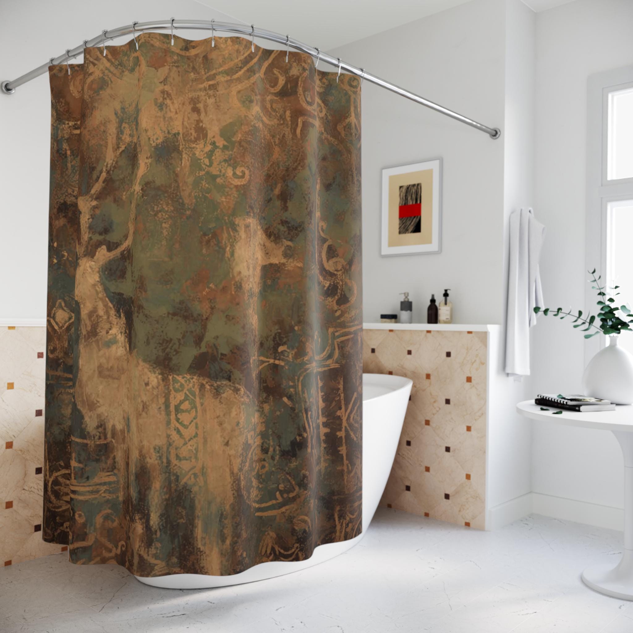 Moody Night Forest Shower Curtain, Dark Blue and Gold Abstract Bath Decor, Fractal Tree Botanical Bathroom Curtain, Modern Fabric Shower Art