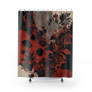 Cortina de chuveiro floral moderna, decoração de banheiro listrada em vermelho e preto, arte abstrata com estampa de flores para banheiro, presente artístico e impactante para renovar a casa.