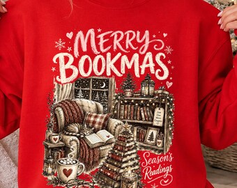 Merry Bookmas Sweatshirt,  Cute Bookish Christmas Hoodie,  Cozy Reading Holiday Sweater, Gift For Book Lover, Seasons Readings Hoodie
