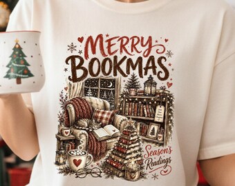 Comfort Colors® Merry Bookmas Shirt, Bookish Christmas Tee, Book Lover Gift, Cozy Christmas Reading Tee, Book Lover Cat Shirt, Reader Xmas