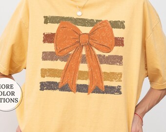 Comfort Colors® Autumn Bow Shirt, Coquette Pumpkin Ribbon Tee, Fall Season Shirt, Fall Lover Gift, Thanksgiving Bow Tee, Womens Fall Shirt