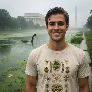 Könnte beinhalten: Ein cremefarbenes T-Shirt mit kurzen Ärmeln und einem detaillierten, mehrfarbigen Grafikdruck, der verschiedene mikroskopische Organismen und botanische Muster in einer gitterartigen Anordnung auf der Vorderseite zeigt.