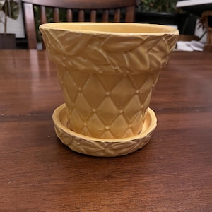 Puede incluir: Una maceta de cerámica amarilla con un platillo a juego. La maceta tiene un patrón de diamantes texturizado y un diseño de hojas decorativas alrededor del borde. Diseñada para plantas o flores pequeñas.