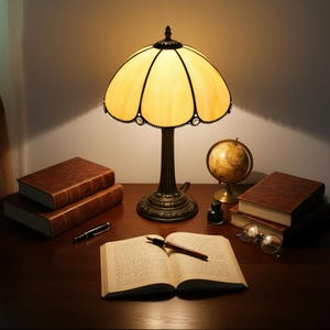 Peut inclure: Une lampe de bureau de style vintage avec un abat-jour en vitrail, posée sur un bureau en bois. La lampe est accompagnée de livres, d'un globe, d'un livre ouvert avec un stylo et de lunettes. L'abat-jour de la lampe est jaune chaud et la base est de couleur bronze foncé.
