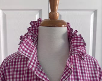 Pink & White Ruffled Collar Women's Button Down Shirt