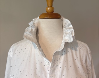 White with Gray Polka Dots Ruffled Collar Button Down Shirt