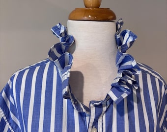 Striped Short Sleeve Ruffled Collar Women's Button Down Shirt