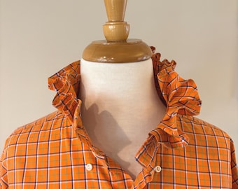 Ruffled Collar Button Down Shirt | Orange Purple Plaid Game Day Blouse