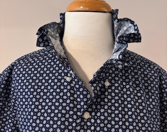 Navy Blue Short Sleeve Ruffled Collar Button Down Shirt