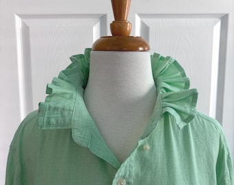 Green Linen Ruffled Collar Women's Button Down Shirt