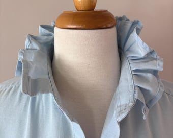 Blue Short Sleeve Ruffled Collar Button Down Shirt