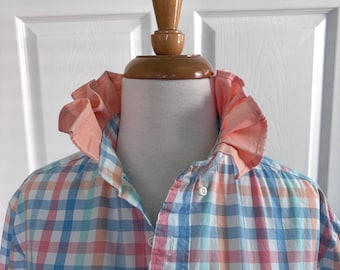 Checkered Ruffled Collar Women's Button Down Shirt
