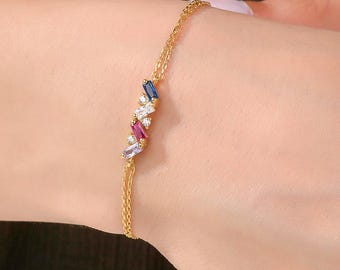 Custom Birthstone Baguette Bracelet, Personalized Family Jewelry, Gift for Grandma
