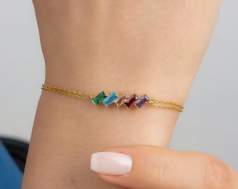 Birthstone Bracelet For Mothers, Custom Family Jewelry, Baguette Gemstone Bracelet