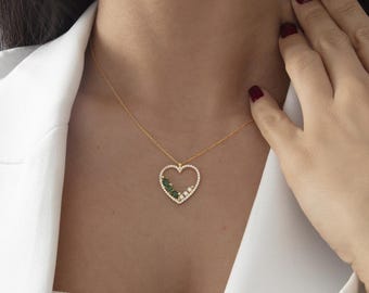 Gold Heart Necklace, Zircon Accent Emerald Pendant, Silver May Birthstone Jewelry