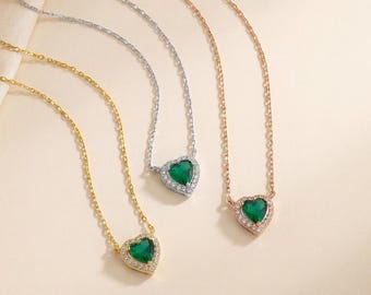 Heart Emerald Necklace, Halo Diamond Pendant, Silver or Gold Jewelry