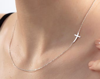 Side Cross Necklace, Minimal Curved Cross Pendant, Gold or Silver, Gift for Her
