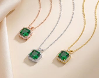 Princess Emerald Necklace, Diamond Halo Pendant, Minimalist Jewelry