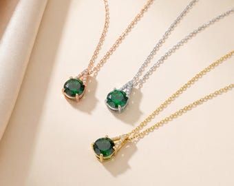 18K Gold Round Emerald Necklace, Lab Diamond Pendant, Silver May Birthstone Jewelry