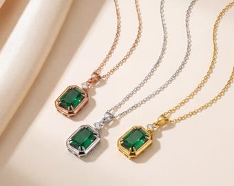 14K Gold Emerald Necklace, Natural Diamond Pendant, Silver May Birthstone Jewelry