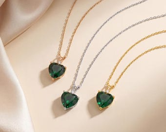 Silver Heart Emerald Necklace, 14K Gold Natural Diamond Pendant, May Birthstone