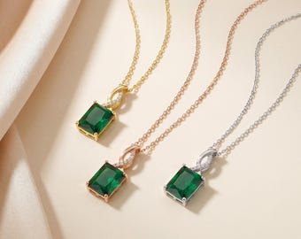 Emerald Necklace, Diamond Halo Pendant, Gift for Her