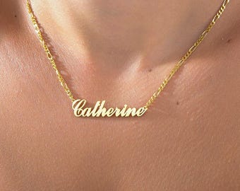 Custom Name Necklace, Personalized Figaro Chain Name Necklace in Silver or Gold, Moms Gift