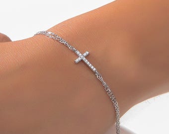 Diamond Cross Bracelet, Sideways Cross Bracelet for Women in Silver or Gold, Gift For Her
